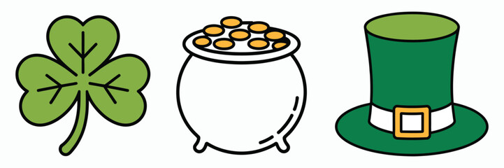St. Patrick's Day Line Icons with Clover Leaf, Pot of Gold, Leprechaun Hat, Irish Holiday Symbols, Thin Linear Vector Illustration.