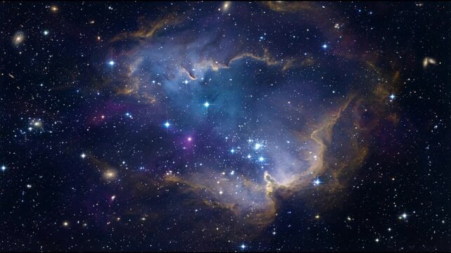 Deep space nebula forms an expansive hollow of blue indigo and soft gold gas clouds drifting gently among dense stars creating calm cinematic depth and seamless looping motion