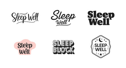 Obraz premium Sleep well logos, typography designs, relaxation, wellness, bedtime, moon stars, cloud shape, peaceful rest, branding concept, flat vector illustration