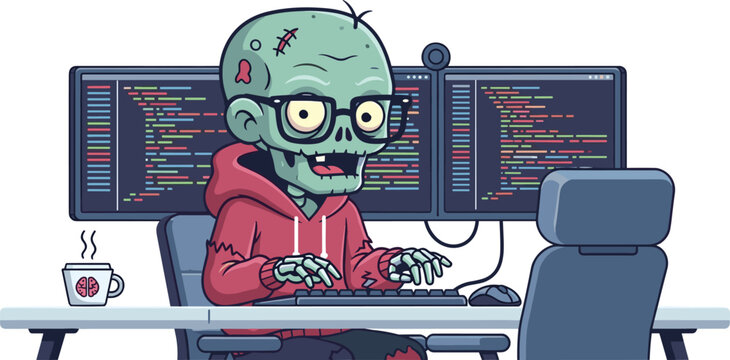 Funny zombie programmer coding on computer with multiple monitors, glasses and hoodie cartoon halloween developer workspace illustration