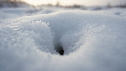 Showing central narrow snow depression revealing tiny dark cavity in open snow field, frost rims