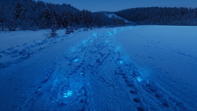 Glowing tire and footprint tracks running along snow-covered trail at twilight, with blue light