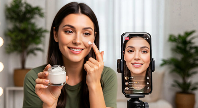 Woman applying face cream during live stream beauty tutorial on smartphone