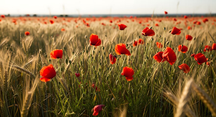 Fototapeta premium Vibrant Red Poppies in Golden Wheat Field