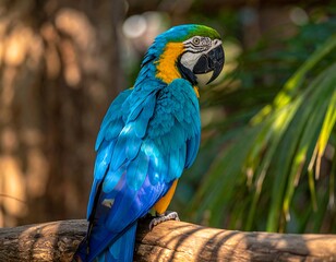 Vibrant Blue and Gold Macaw Perched on a Branch in Lush Setting.