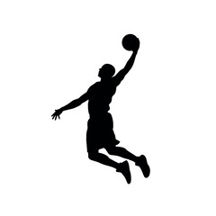 A dynamic black silhouette of a professional basketball player performing a powerful slam dunk in mid-air © gyoho