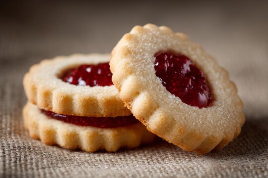 Spitzbube cookies stacked, golden-brown with jam filling, dusted with powdered sugar. Concept of filled cookies jam German festive treats in warm lighting on burlap backdrop.