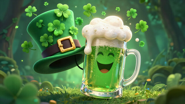 A charming illustration featuring a joyous green foamy beverage mug and a lucky hat with shamrocks, set in an enchanting, glowing forest, evoking good fortune and festive spirit
