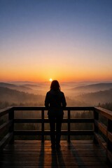 Fototapeta premium Young woman quietly looking over a foggy forest at sunrise representing a digital detox in nature.
