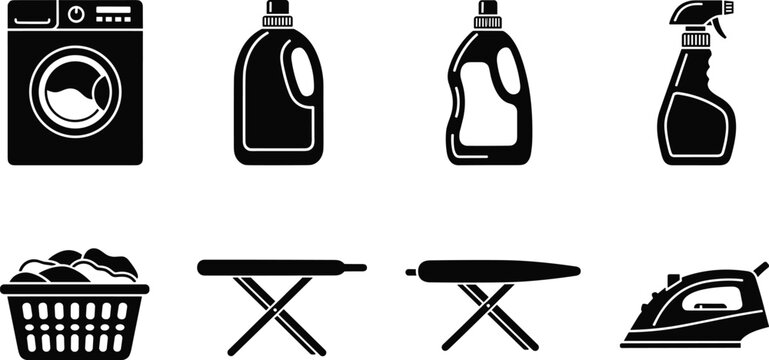 A set of flat black vector icons featuring household laundry items including a washing machine, detergent bottles, spray, basket, ironing board, and iron.