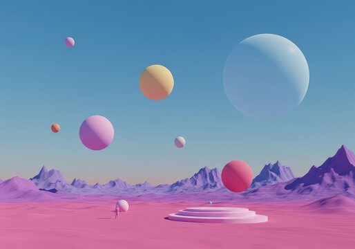 Vivid, impossible landscape featuring warped perspective and bizarre geometric elements under an alien sky. Ideal for creative design, alien, warped, purple