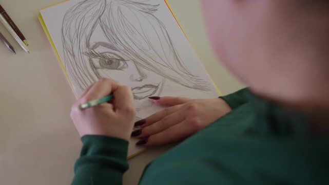 Dedicated Artist Produces Detailed Sketches. Focused Artist Meticulously Captures Facial Expressions Skillfully. Artist Attentively Concentrates On Facial Features With Precise Pencil Techniques