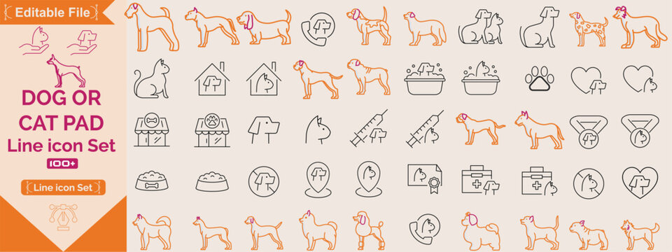 Pets vector icon set. Dog and Cat Pad line icon set ,Animal care and vet clinic icons. Dog, cat, puppy, animals, pets related thin line icon collection. Editable stroke