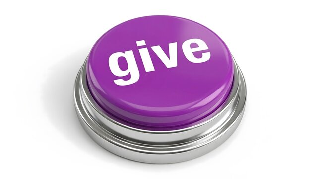 Purple Give button isolated on white background, concept of donation, generosity, charity support, and social contribution action.
