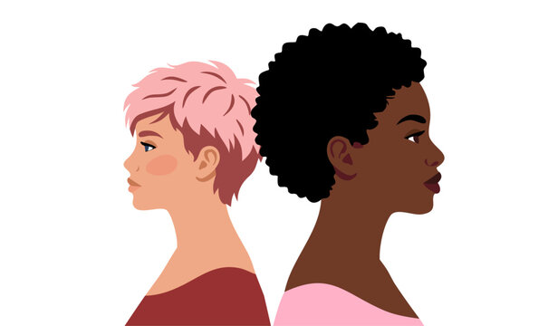 Multicultural women portraits in profile. Diverse female characters with different hairstyles and skin tones. Women diversity and representation concept. Modern flat vector illustration.