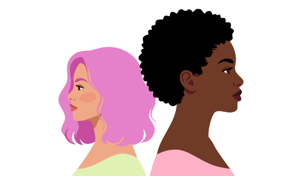 Multicultural women portraits in profile. Diverse female characters with different hairstyles and skin tones. Women diversity and representation concept. Modern flat vector illustration.