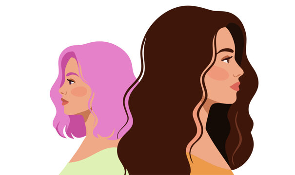 Multicultural women portraits in profile. Diverse female characters with different hairstyles and skin tones. Women diversity and representation concept. Modern flat vector illustration.