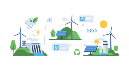 Obraz premium Renewable Energy Sources Network Diagram: Wind, Solar, and Hydro Power Generation for Sustainable Future and Green Economy