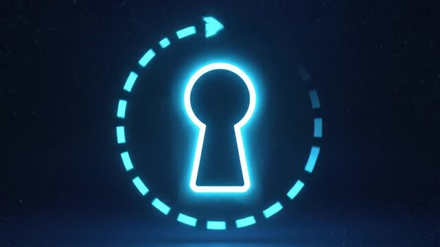 Glowing blue keyhole icon surrounded by a dotted line with an arrow on a dark background, conveying a concept of access or security.