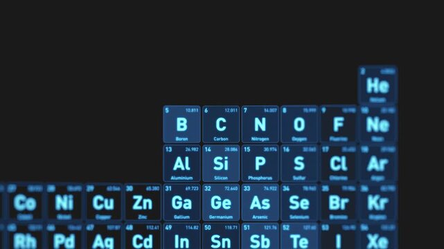Animated visualization of the Carbon C chemical element from the periodic table displayed as glowing blue squares in a futuristic scientific interface.
