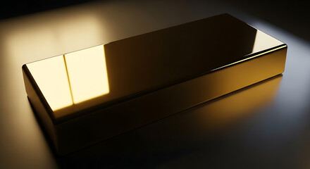 Shiny golden rectangular bar reflecting light on a surface close-up shot.