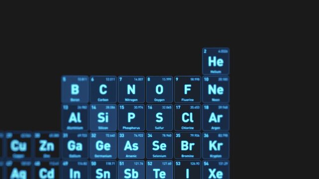 Animated visualization of the Oxygen O chemical element from the periodic table displayed as glowing blue squares in a futuristic scientific interface.