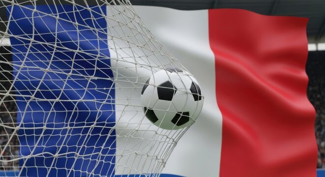 Soccer ball in front of the french national flag on a goal net background.