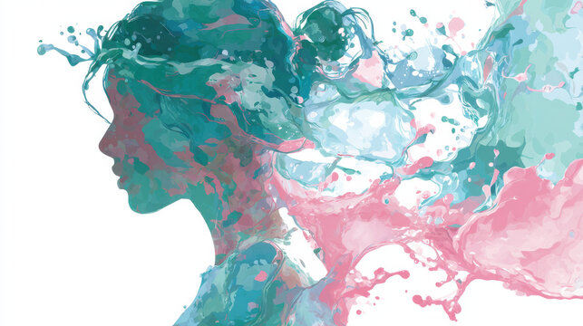 Abstract girl silhouette liquid splash painting pastel watercolor flowing paint hair modern art portrait teal pink artwork dreamy feminine profile creative fluid design emotional expression