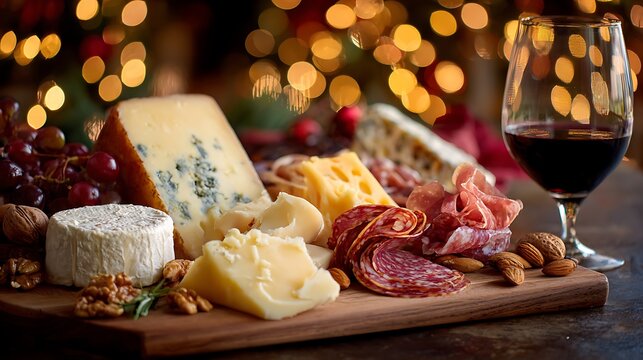 Gourmet cheese board with meats, grapes, nuts, and red wine against a festive bokeh background