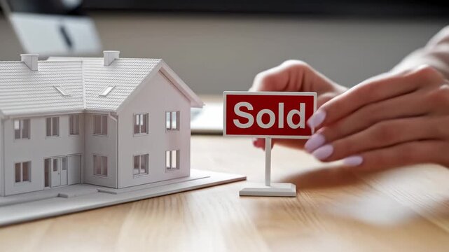 Female hand is placing a red "Sold" sign next to a small white house model on a polished wooden surface, symbolizing the successful completion of a real estate property sale.