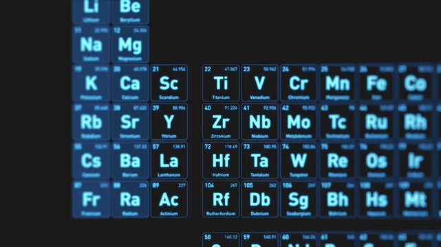Animated visualization of the Zirconium Zr chemical element from the periodic table displayed as glowing blue squares in a futuristic scientific interface.