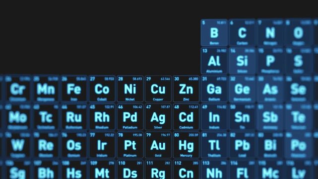 Animated visualization of the Copper Cu chemical element from the periodic table displayed as glowing blue squares in a futuristic scientific interface.