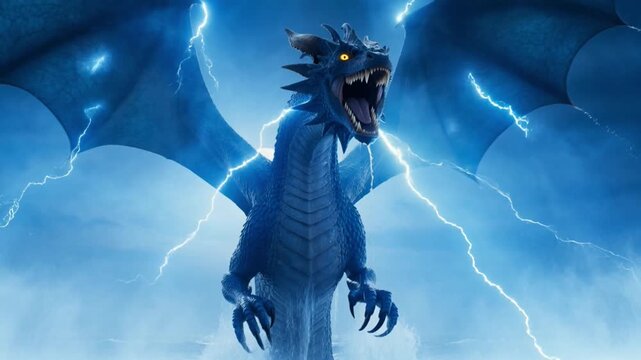 Mythical dragon emerges from ocean waves.