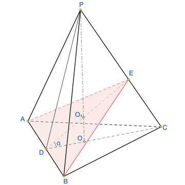 Cross-section of a triangular pyramid through the edge AB at a specified angle to the base. Truncated triangular pyramid. Geometric forms for math education. Basic 3d shape.