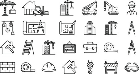 Construction industry line icon set with crane tools helmet blueprint building equipment symbols minimal outline vector illustration collection © pappa