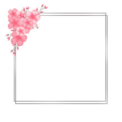Obraz premium Elegant double square silver frame with rich sakura cherry blossom decorations. Ideal transparent PNG frame for wedding invitations, posters, and feminine branding designs.