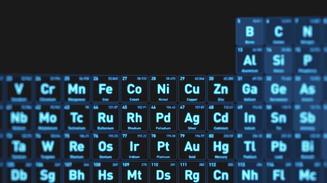Animated visualization of the Nickel Ni chemical element from the periodic table displayed as glowing blue squares in a futuristic scientific interface.