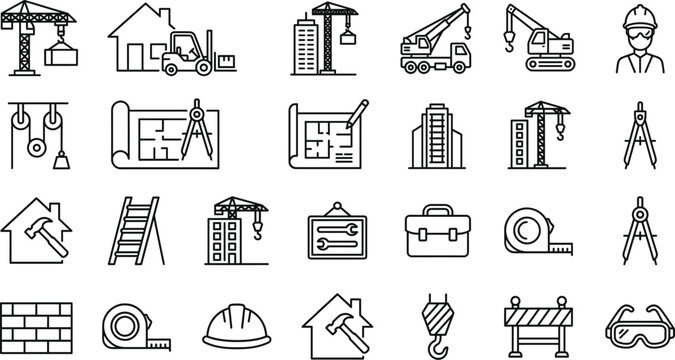 Construction industry line icon set with crane tools helmet blueprint building equipment symbols minimal outline vector illustration collection