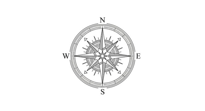Classic compass rose illustration for navigation, travel, and adventure. Detailed graphic symbol showing cardinal directions N, S, E, W.