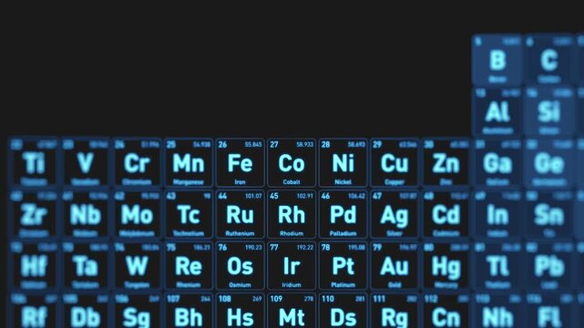Animated visualization of the Cobalt Co chemical element from the periodic table displayed as glowing blue squares in a futuristic scientific interface.