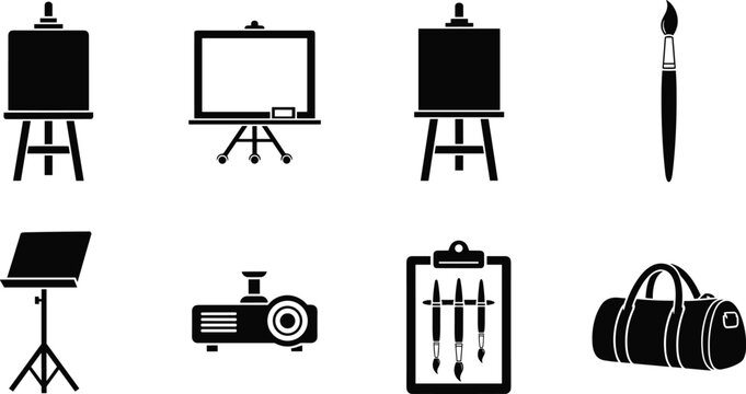Artist tools and painting equipment silhouette icon set including easel canvas paintbrush palette stand projector clipboard brushes and art supply bag isolated illustration