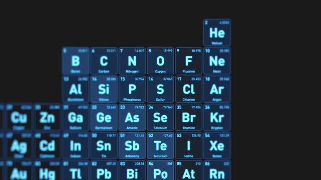 Animated visualization of the Sulfur S chemical element from the periodic table displayed as glowing blue squares in a futuristic scientific interface.