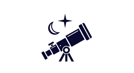 Fototapeta premium Minimalist astronomy logo with telescope crescent moon and star on white background symbolizing exploration and discovery