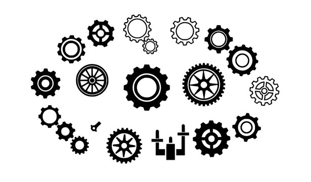 Gear settings vector icon set with cog wheel and mechanical adjustment symbols isolated on transparent background