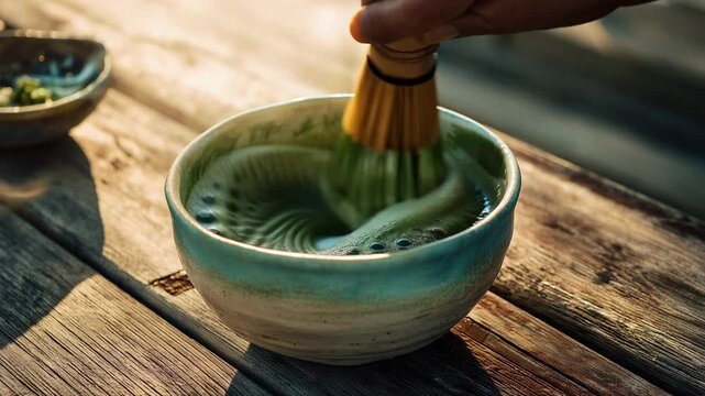 日本人が縁側で朝日を浴びながら茶筅で抹茶を点て庭の緑を背景に写す