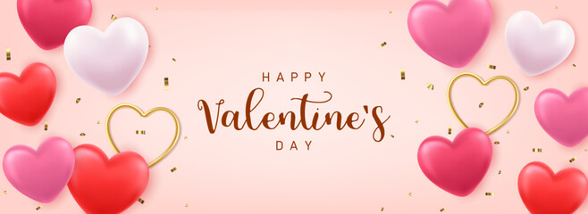 3d Valentine s day design. gift box full of decorative festive object. Holiday banner, web poster, flyer, stylish brochure, greeting card, cover. 3d rendering. Vector illustration © Stepan