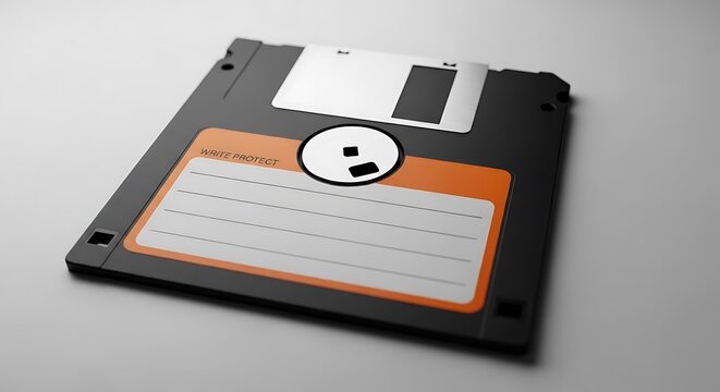 Close-up of a vintage black 3.5-inch floppy disk with labels, on a light surface