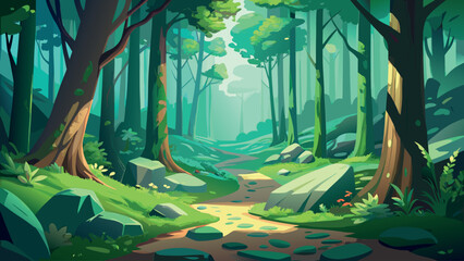 Naklejka premium Deep Enchanted Forest Landscape Illustration with Sunlight Filtering through Trees and Winding Path