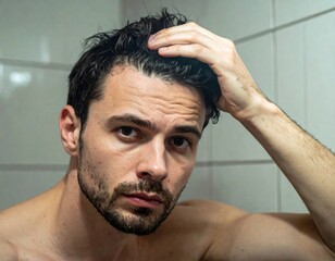Close-up portrait of a man grooming himself in the bathroom, focusing on personal care and self-exploration themes.