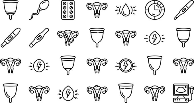 Female reproductive health and menstrual cycle line icon set with uterus ovulation pregnancy test menstrual cup fertility symbols vector